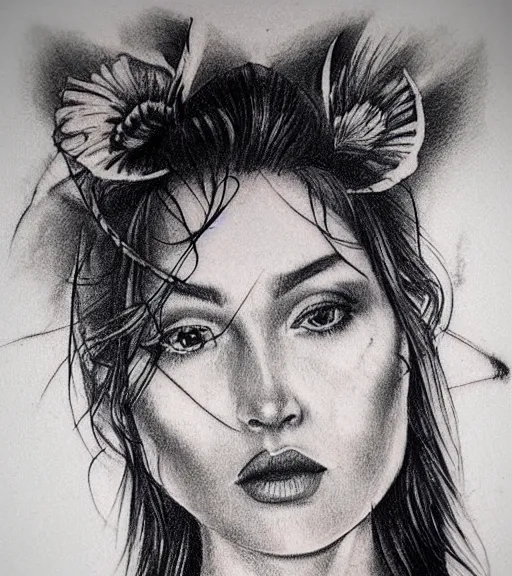 Image similar to tattoo design sketch of a beautiful woman face with a faded background of beautiful mountains and nature on her left side, hyper - realistic, in the style of den yakovlev, amazing detail, black and white