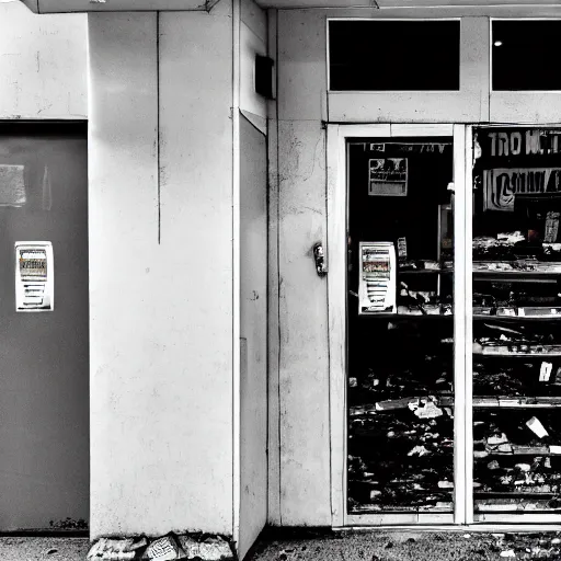 Image similar to a ransacked convenience store, broken door, in a town filled with pale yellow mist. Dystopian. Grainy. Award-winning photo. Sigma 40mm f/1.4 DG HSM