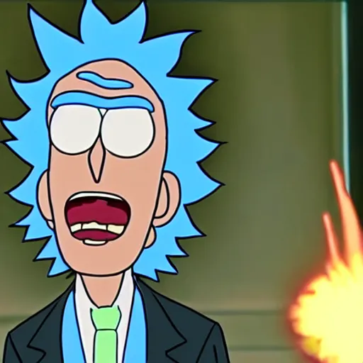 Image similar to rick sanchez, from rick and morty, breaking the simulation