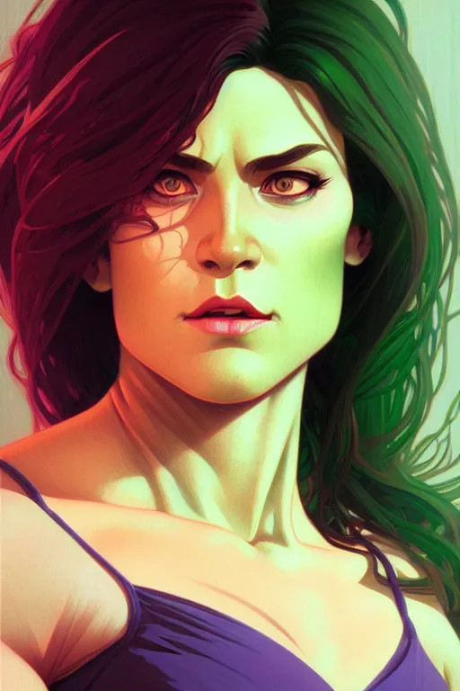 Prompt: a portrait of she - hulk, fantasy, sharp focus, intricate, elegant, digital painting, artstation, matte, highly detailed, concept art, illustration, ambient lighting, art by ilya kuvshinov, artgerm, alphonse mucha, and greg rutkowski