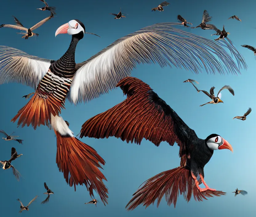 Image similar to a realistic photo of a birdlike creature made of birds merged, creature wrinkles feathers exotic morphing hoopoe, morphing wings king vulture head, merging pheasant skin merged sky animal, atlantic puffin, turaco morphing chicken, clear, global illumination, refraction, displacement map, bump map, normal map