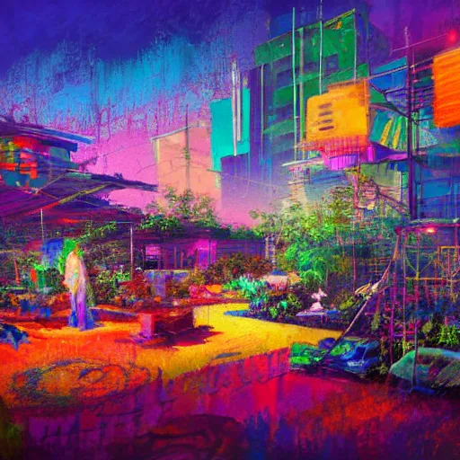 Prompt: acrylic painting, impressionism and expressionism, bold pastel colors. hippie bohemian encampment with a tie - dye tents and a garden. cyberpunk art by liam wong, cgsociety, panfuturism, cityscape, utopian art, anime aesthetic