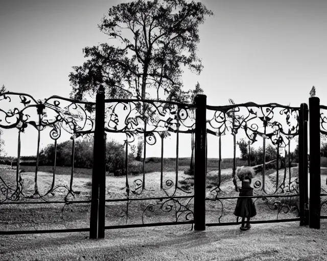 Prompt: Twin girls at iron gate at sunset - black and white photo