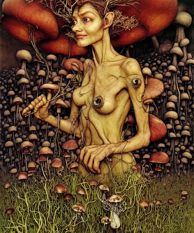 Image similar to A detailed funguswoman stands among the mushroom hills. Wearing a fungus and mushroom . Perfect faces, extremely high details, realistic, fantasy art, solo, masterpiece, art by Zdzisław Beksiński, Arthur Rackham, Dariusz Zawadzki, Edward Robert Hughes, Eugene de Blaas