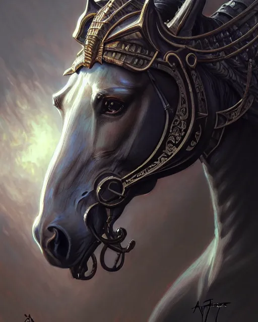 Image similar to horse art by giger, deep focus, d & d, dark fantasy, intricate glow accents, elegant, highly detailed, digital painting, artstation, concept art, matte, sharp focus, 8 k 3 d, hearthstone, art by artgerm and greg rutkowski and alphonse mucha