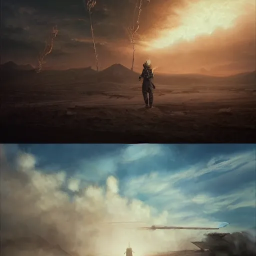 Image similar to Stunning Hyperealistic scene of cloud Strife in a abandoned wasteland, sandstorm by Beeple Andrei Riabovitchev, Jake Souva, Nicola Samori, James Gilleard, Ishbel Myerscough, Scott Radke, Jean-Baptiste Monge jakub