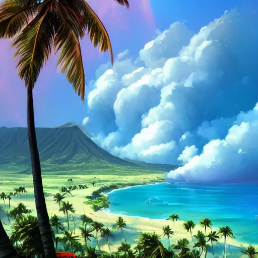 Image similar to a painting a breathtaking aerial view of Hawaiian islands, surrounded by palm trees, clouds, flowers, volcano, azure ocean, sunlight glistening, glow, , a detailed matte painting by sylvain sarrailh, Stephan Martinière, by RHADS, Makoto Shinkai, bokeh, Artstation contest winner, fantasy art, concept art, #vfxfriday