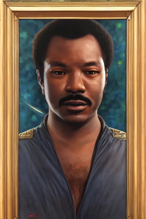 Prompt: beautiful oil painting of lando by chie yoshii, full body portrait, space, symmetrical face, dramatic lighting