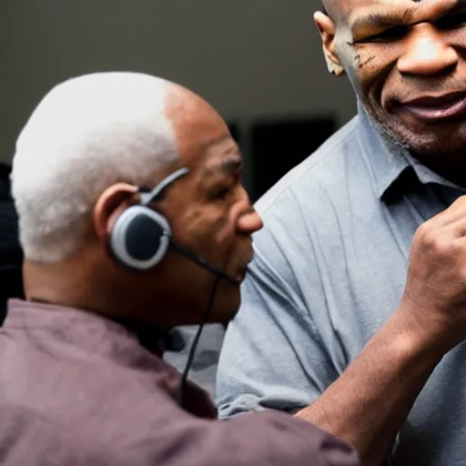 Prompt: mike tyson is talking to an older, grey haired person over the phone, who appears to be a friend of his. mike is telling him that he is angry at the world, and he hates the way he is doing life.