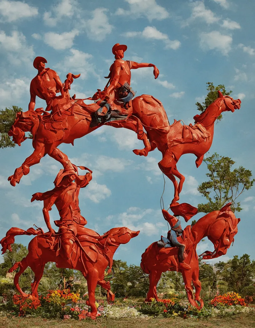 Prompt: a cowboy turning into blooms by slim aarons, by zhang kechun, by lynda benglis. tropical sea slugs, angular sharp tractor tires. complementary colors. warm soft volumetric light. national geographic. 8 k, rendered in octane, smooth gradients. manly cowboy riding a horse sculpture by antonio canova. red accents.