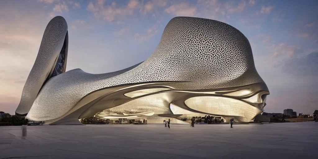 Prompt: extremely detailed ornate stunning sophisticated beautiful elegant futuristic museum exterior by Zaha Hadid, stunning volumetric light, sunset