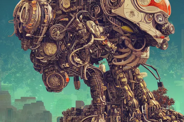 Image similar to gigantic mecha head with lot of details, a lot of exotic vegetation, trees, flowers by moebius, dull colors, junji ito, tristan eaton, victo ngai, artgerm, rhads, ross draws, hyperrealism, intricate detailed, risograph