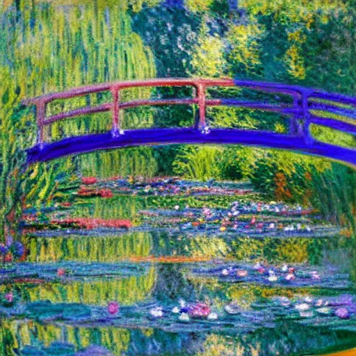 Image similar to Water Lilies, Claude Monet, masterpiece, 4k art gallery scan, oil on canvas (deframed),Blue and dark green and purple