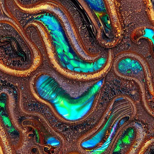 Image similar to Art Nouveau cresting oil slick waves, hyperdetailed bubbles in a shiny iridescent oil slick wave, black opal, abalone, paua shell, ornate copper patina medieval ornament, rococo, oganic rippling spirals, octane render, 8k 3D