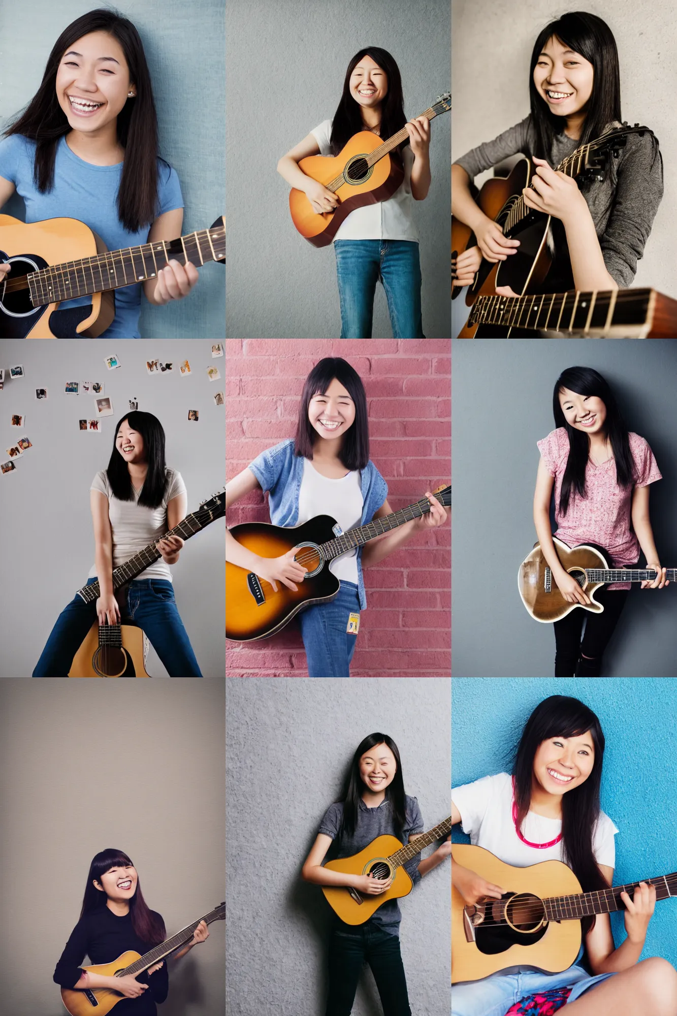 Prompt: short asian 2 0 - year old woman, playing guitar, smiling, polaroid photo on a wall, highly realistic