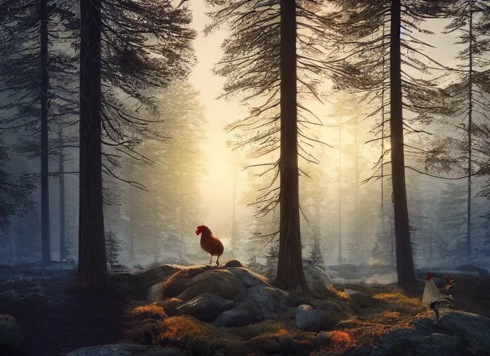 Image similar to epic crystalline forest with a lake, rooster, golden hour, misty ground, rocky ground, distant mountains, atmospheric perspective, altostratus clouds, planets, cinematic, 3 5 mm lens, anamorphic lens flare, photographic, octane render, cinematography by roger deakins, in the style of ansel adams