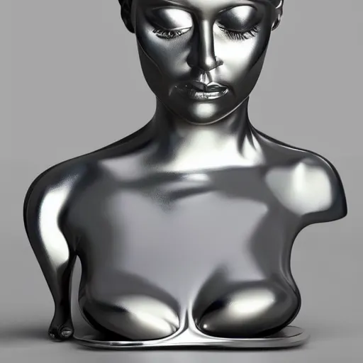 Prompt: 3 d sculpture made of liquid metal by zaha hadid enveloping a realistic female face, white background