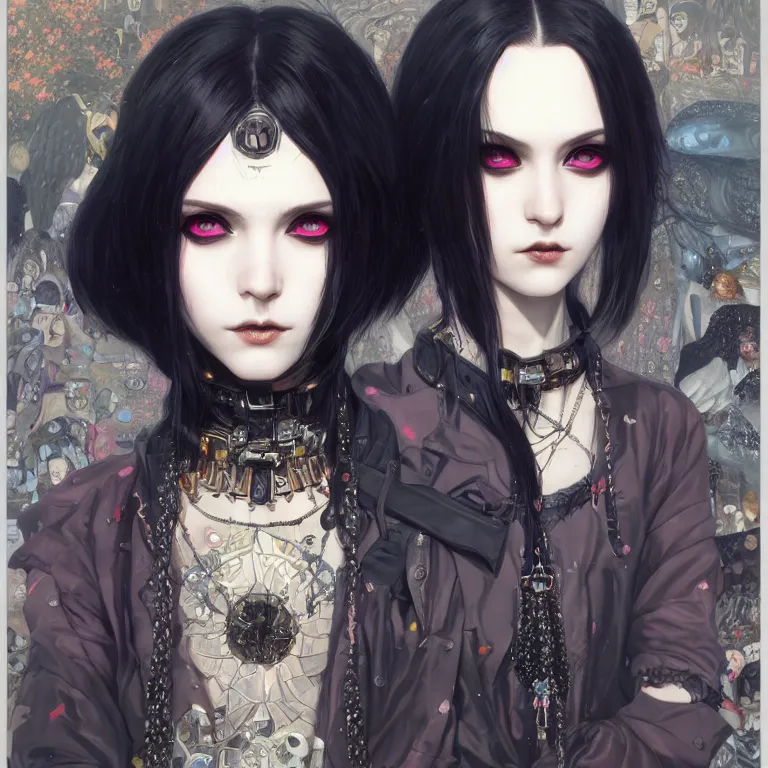 Image similar to portrait of beautiful young goth babe, cyberpunk, Warhammer, highly detailed, artstation, illustration, art by Gustav Klimt and Range Murata and Ilya Kuvshinov and Sakimichan