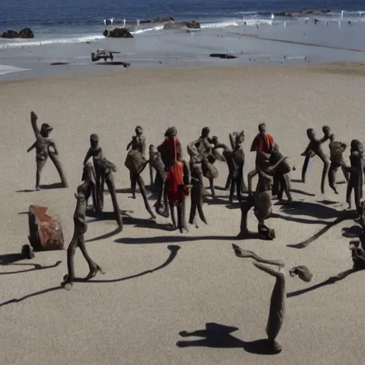 Prompt: This sculpture depicts a scene from the Spanish Civil War, which was a time of great turmoil and strife in Spain. The sculpture shows a group of people on a beach, with the ocean in the background. The people in the sculpture are all different sizes and shapes, and they are all looking in different directions. The sculpture is full of color and movement, and it is very expressive. The sculpture is also very powerful and emotional, and it has a very strong impact on the viewer. illuminated codex gilded by Victor Adame Minguez, by Robert Vonnoh elaborate, offhand