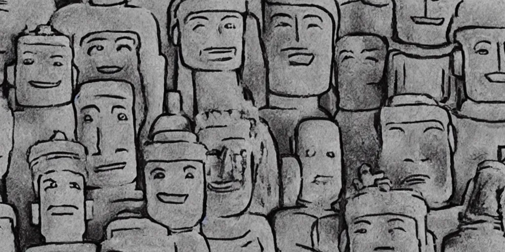 Prompt: charcoal drawing of lego minifigures as easter island heads