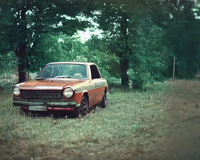 Image similar to a lomographic photo of old lada 2 1 0 7 standing in typical soviet yard in small town, hrushevka on background, cinestill, bokeh