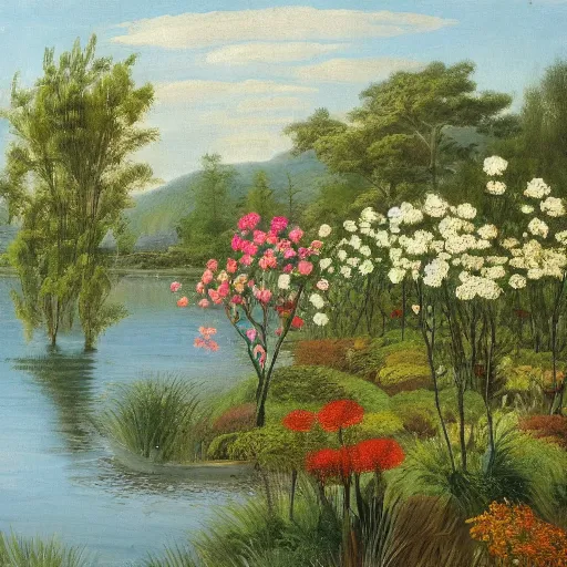 Prompt: painting of a garden in the middle of a lake, tomas sanchez