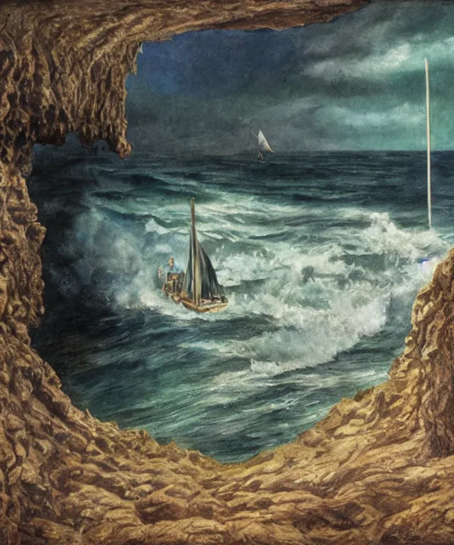 Image similar to photorealistic mixed - media of a 1 9 2 5 seiner sailing with the jamaican shoreline with the mouth of a sea cave at the waterline, dark, brooding, atmospheric, seascape, lovecraft, horror, smooth, epic, highly detailed, cinematic, by marianne north