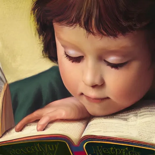 Prompt: hyperrealistic hyperdetailed half-lenght portrait of child, reading an illustrated book. HD 8x no frame