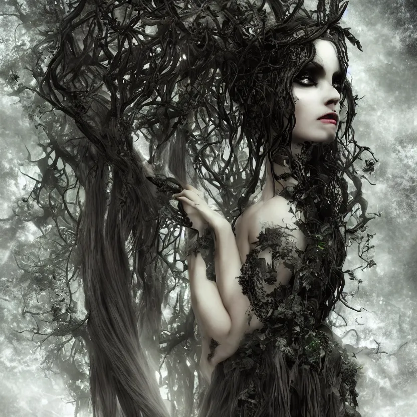 Image similar to stunning Gothic goddess of dryad beauty, dark and mysterious, atmospheric, ominous, eerie, cinematic, Epic, 8k, 4k, ultra detail, ultra realistic, rendered by awesomeness