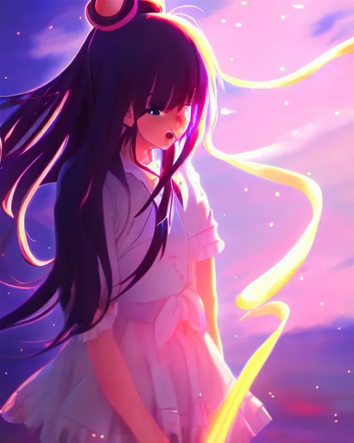 Image similar to anime style, vivid, expressive, full body, 4 k, painting, a cute magical girl with a long wavy black hair, stunning, realistic light and shadow effects, centered, simple background, studio ghibly makoto shinkai yuji yamaguchi