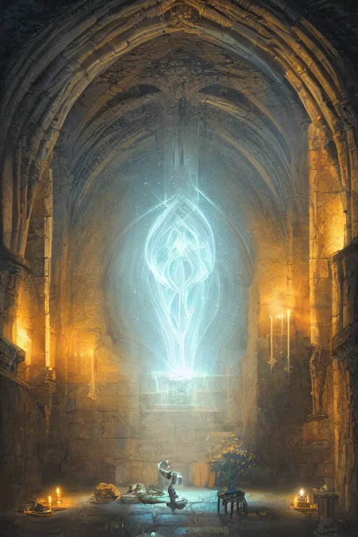 Prompt: Detailed Interior of Monastery Ruins, blue lighting, light of god, light shafts, candles, stunning atmosphere, in Style of Peter Mohrbacher, cinematic lighting