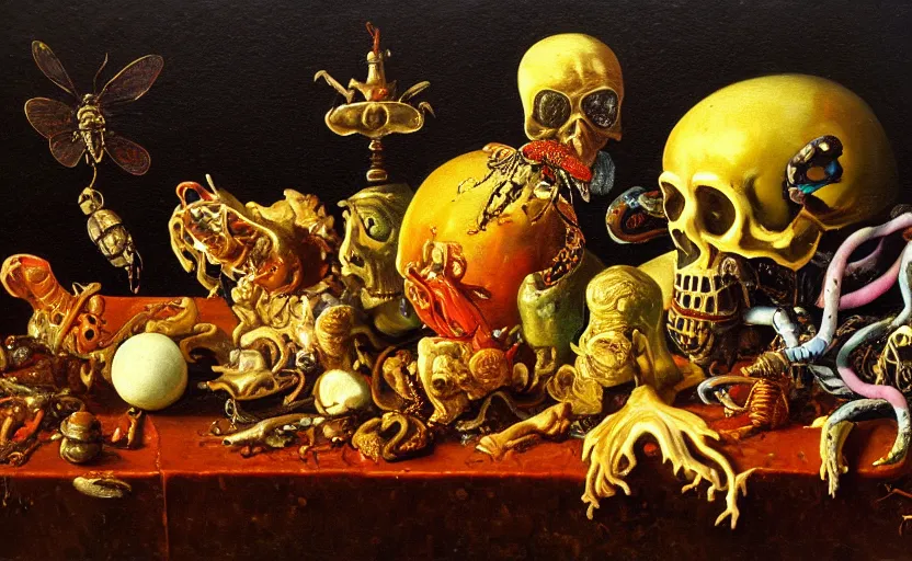 Image similar to disturbing colorful oil painting dutch golden age vanitas still life with bizarre objects strange gooey surfaces wet shiny metal bizarre insects rachel ruysch dali todd schorr very detailed perfect composition rule of thirds masterpiece canon 5 0 mm, cinematic lighting, photography, retro, film, kodachrome