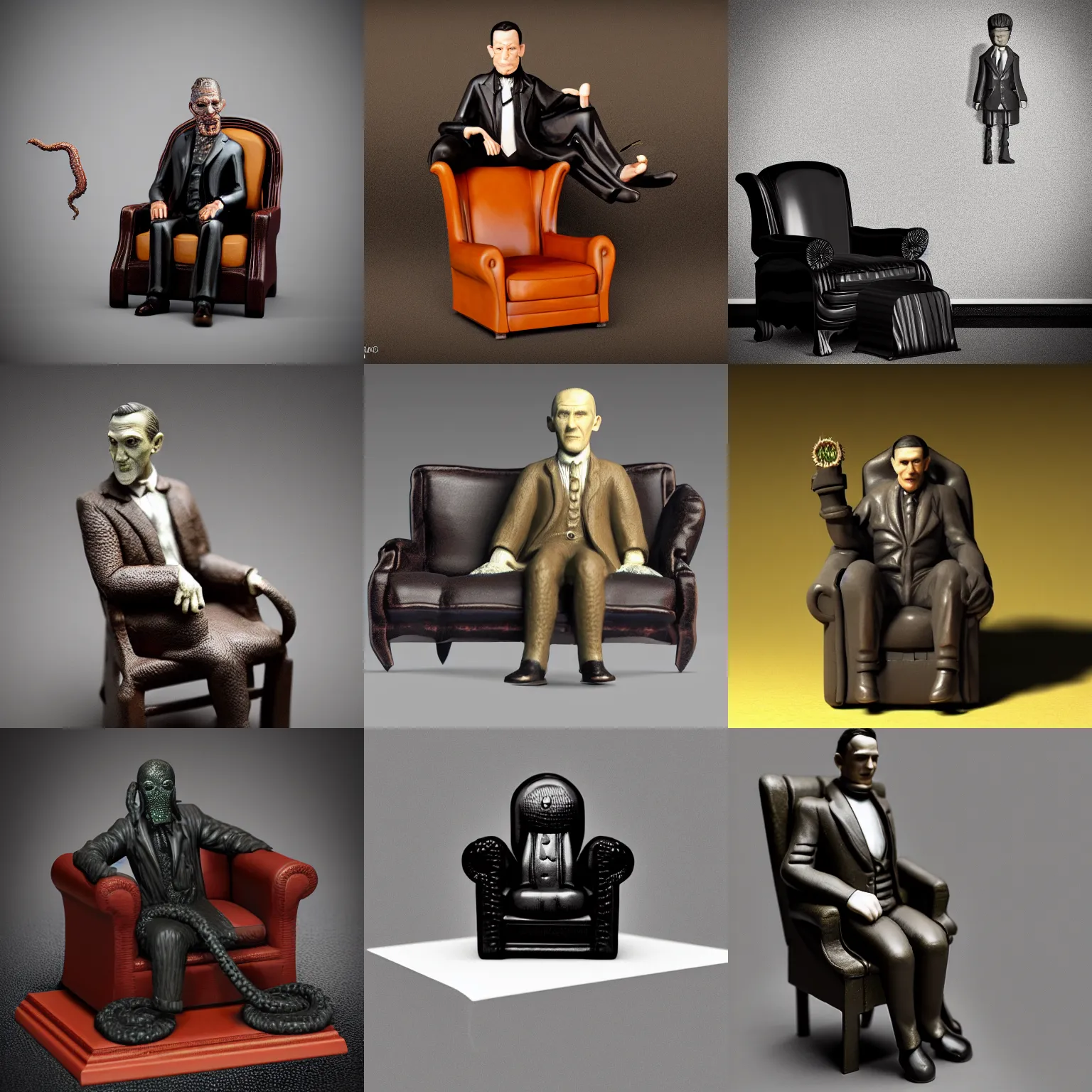 Prompt: isometric view 2 8 mm miniature statue howard phillips lovecraft dressed suit sitting in tall leather armchair, with small cat on lap, big tentacle sneak around, darkness, black resin material, black background, octane render, backlight