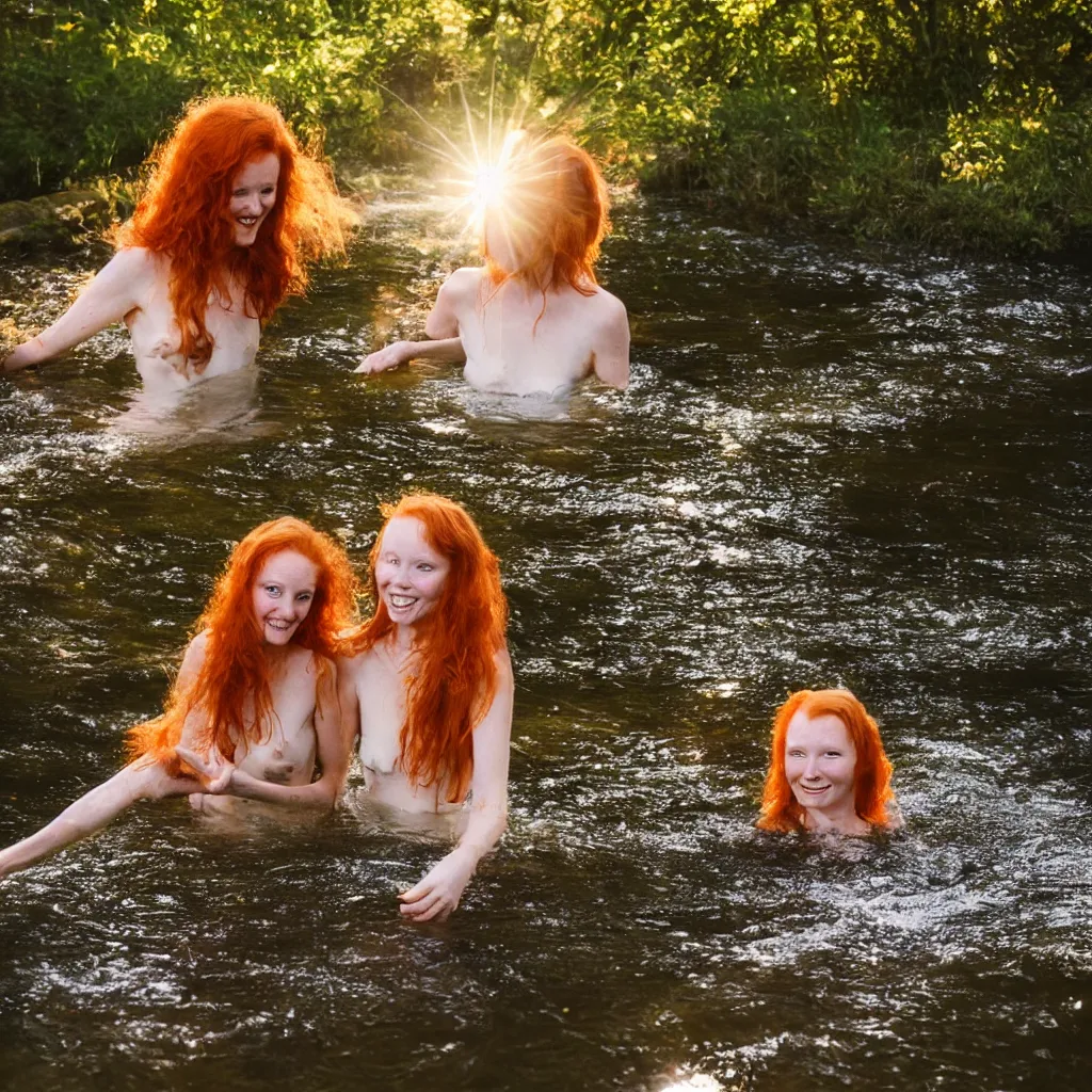 Image similar to lovely 7 0's 1 6 mm photograph of two long haired redhead women having fun swimming in a creek, golden hour, soft light, sun reflecting off of the water, 4 k