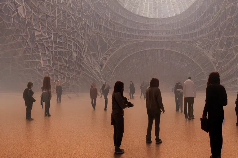 Image similar to tourists visiting a complex organic fractal 3 d ceramic humanoid megastructure, cinematic shot, foggy, photo still from movie by denis villeneuve