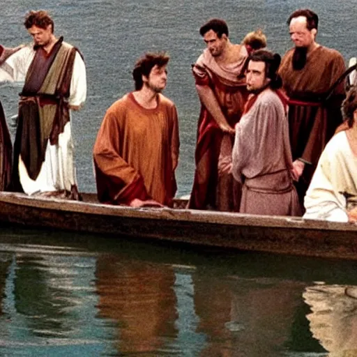 Image similar to Cinematic still of Stunned Men in 1st century clothing standing on a boat, looking in shock at the calm water, miraculous, spiritual, divine, Biblical epic directed by Ang Lee