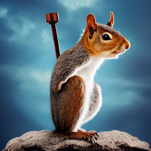 Prompt: a squirrel with thor outfit ~ holding his hammer ~ dramatic thunder background ~ trending ~