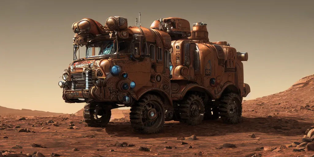 Image similar to steampunk cybertruck rolling on mars 3 d concept art, dust around, cinematic lighting, intricate details, octane rendering, trending on artstation, featured on behance