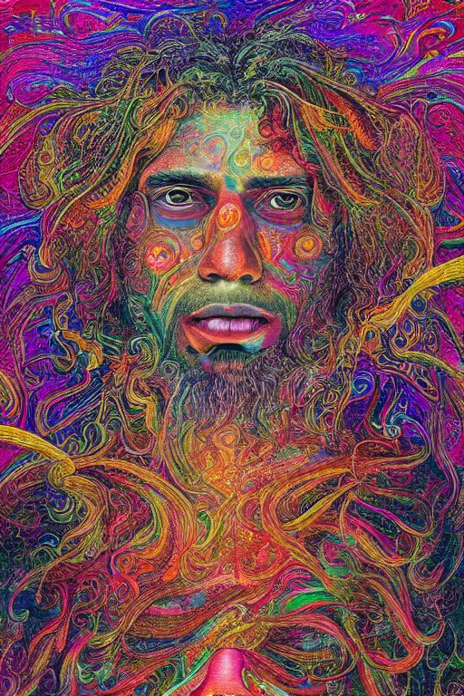 Image similar to a highly textured hyper detailed painting of a mystical man connected to his higher self in a spiritual psychedelic cosmos