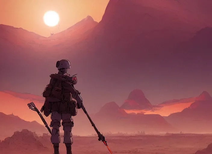 Image similar to detailed concept art background studio ghibli, soldier roaming through desert with city in the skyline, two suns, purple orange colors, sharp focus, illustration, highly detailed, digital painting, concept art, matte, art by wlop and artgerm and greg rutkowski, masterpiece