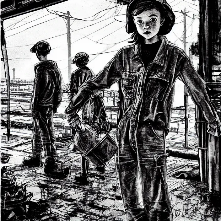 Image similar to sadie sink in dirty workmen clothes waves goodbye to workmen. background : factory, dirty, polluted. technique : black and white pencil and ink. by gabriel hardman, joe alves, chris bonura. cinematic atmosphere, detailed and intricate, perfect anatomy