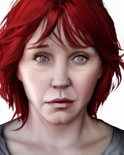 Image similar to portrait of short and plump 5 0 - year - old woman with red hair and, kind face, short hair, hyper realistic face, beautiful eyes, character art, art by mark brooks, hyperdetailed, cryengine, trending on artstation, digital art