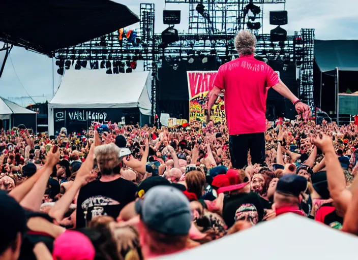 Image similar to photo still of gallagher at vans warped tour!!!!!!!! at age 5 5 years old 5 5 years of age!!!!!!! throwing watermelons at a crowd, 8 k, 8 5 mm f 1. 8, studio lighting, rim light, right side key light