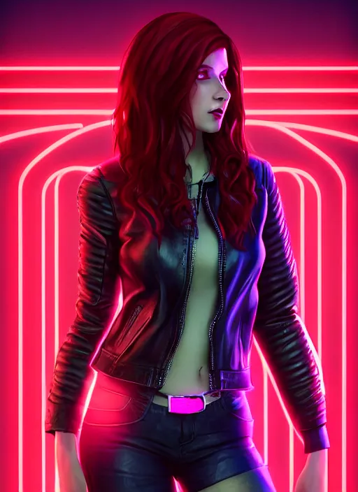 Image similar to pretty young woman with shoulder length shiny shimmering dark red hair and wearing a stuffed leather jacket with the glow of neon lights illuminating her, path traced, highly detailed, high quality, digital painting, by cd projekt red, cyberpunk,