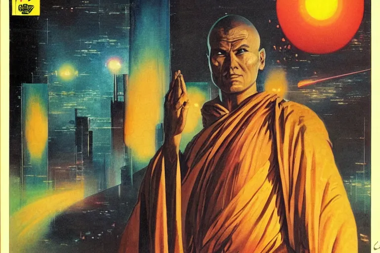 Prompt: 1979 OMNI Magazine Cover of Buddhist monk. in cyberpunk style by Vincent Di Fate