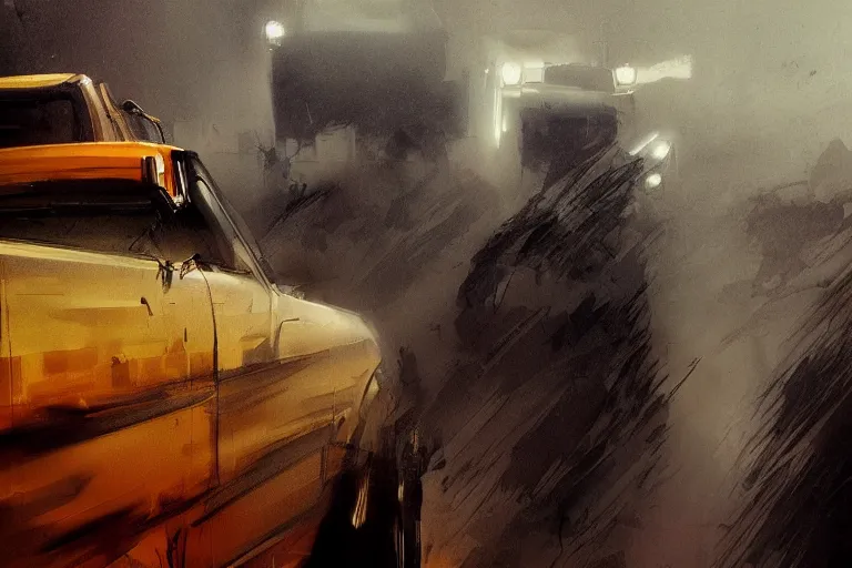 Prompt: epic concept art of an approaching truck and a man standing still. close - up man in foreground. backlight. strong contrast. by ashley wood and j. m. w. turner, speed painting, photo bash, cinematic angle, super detailing, strong perspective, traffic accident, haze over the shoulder shot