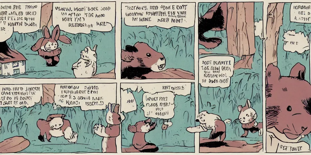 Prompt: a comic book strip about bear and a rabbit