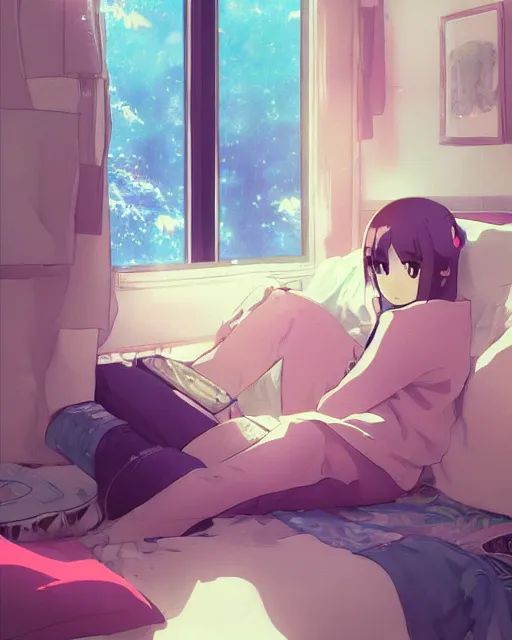 Prompt: a full shot of a teenage girl chilling in her dorm, moe, kawaii, pretty, lovely, detailed face, digital art by makoto shinkai