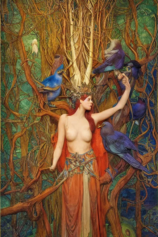 Prompt: the queen of the forest with her birds, by Annie Swynnerton and jean delville and Nicholas Roerich and Tino Rodriguez, elaborately costumed, rich color, dramatic cinematic lighting, smooth, sharp focus, extremely detailed, featured on artstation