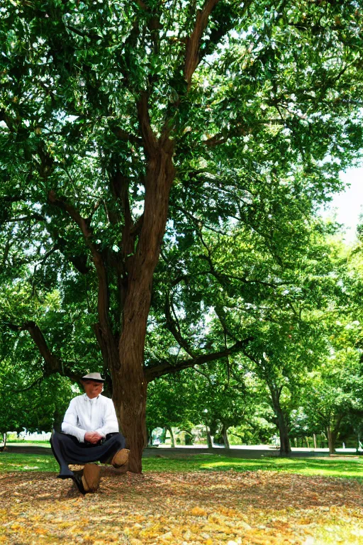 Image similar to a detective from the 5 0's, sitting in a park under a big tree